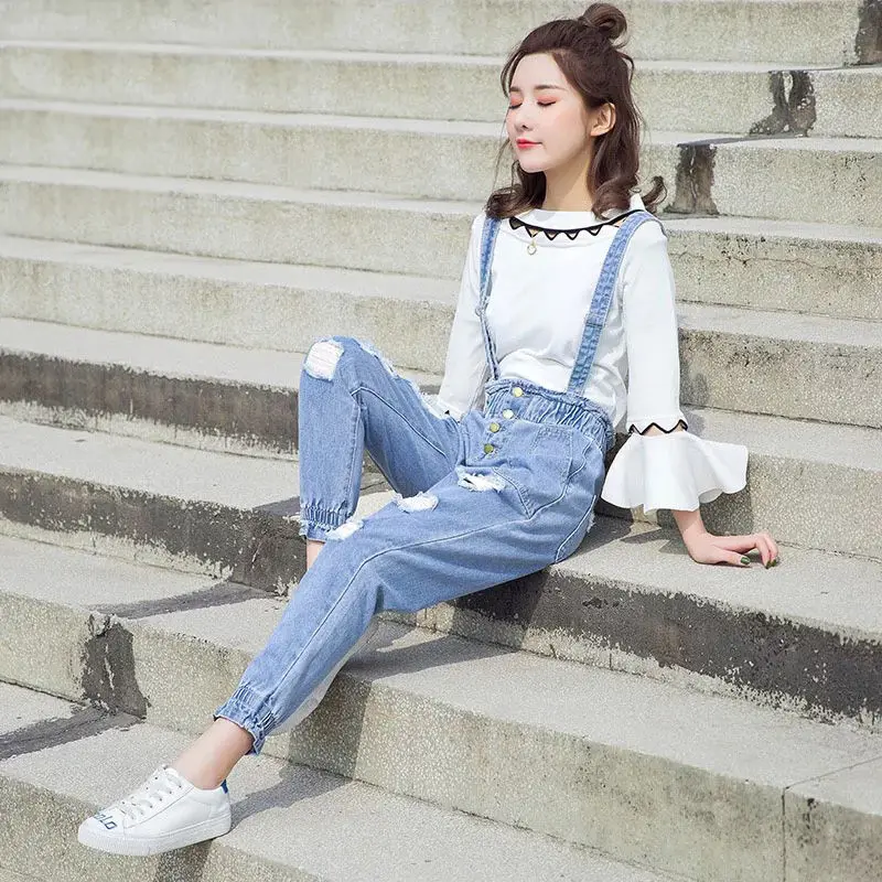 Ripped Denim Overalls Women 2020 Autumn New Loose Korean Version of The Jumpsuit Nine-point Pants Mother Jeans Jeans Women