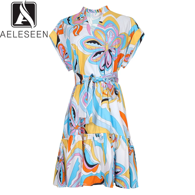 

AELESEEN Loose Style 2019 New Autumn Dresses Women High Street Contrast Color Printed Wide Waist Midi Trumpet Dress With Sashes