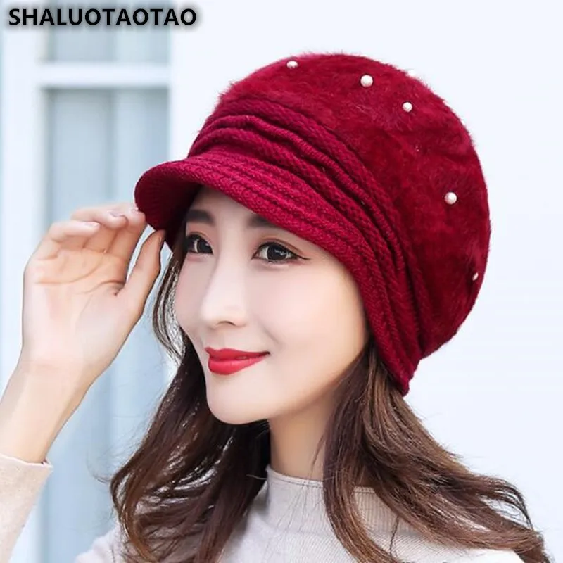 SHALUOTAOTAO, берет для женщин, новинка, кролик, бархат, модные береты, жемчуг, защита для ушей, вязаная шапка, дамские бренды, теплая зимняя шапка