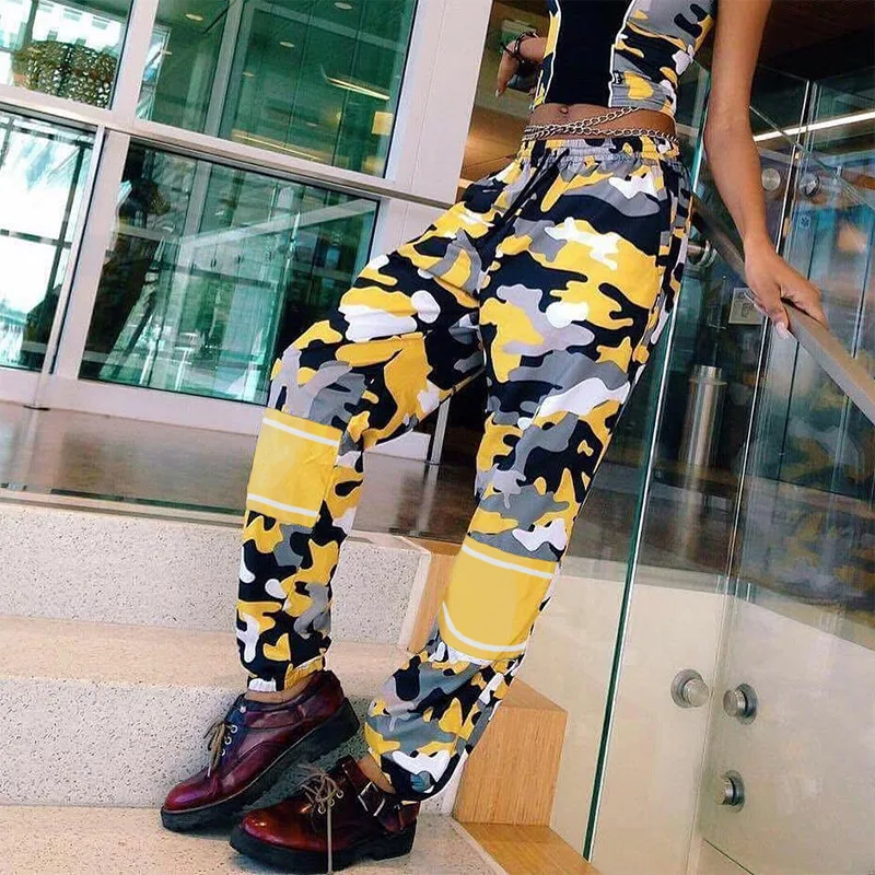 OSLLENLLA Yellow Camouflage Jogger Pants Women High Camo Jogger Trousers Ladies Streetwear Camo Pants Loose Fit OSLLENLLA Yellow Camouflage Jogger Pants Women High Camo Jogger Trousers Ladies Streetwear Camo Pants Loose Fit