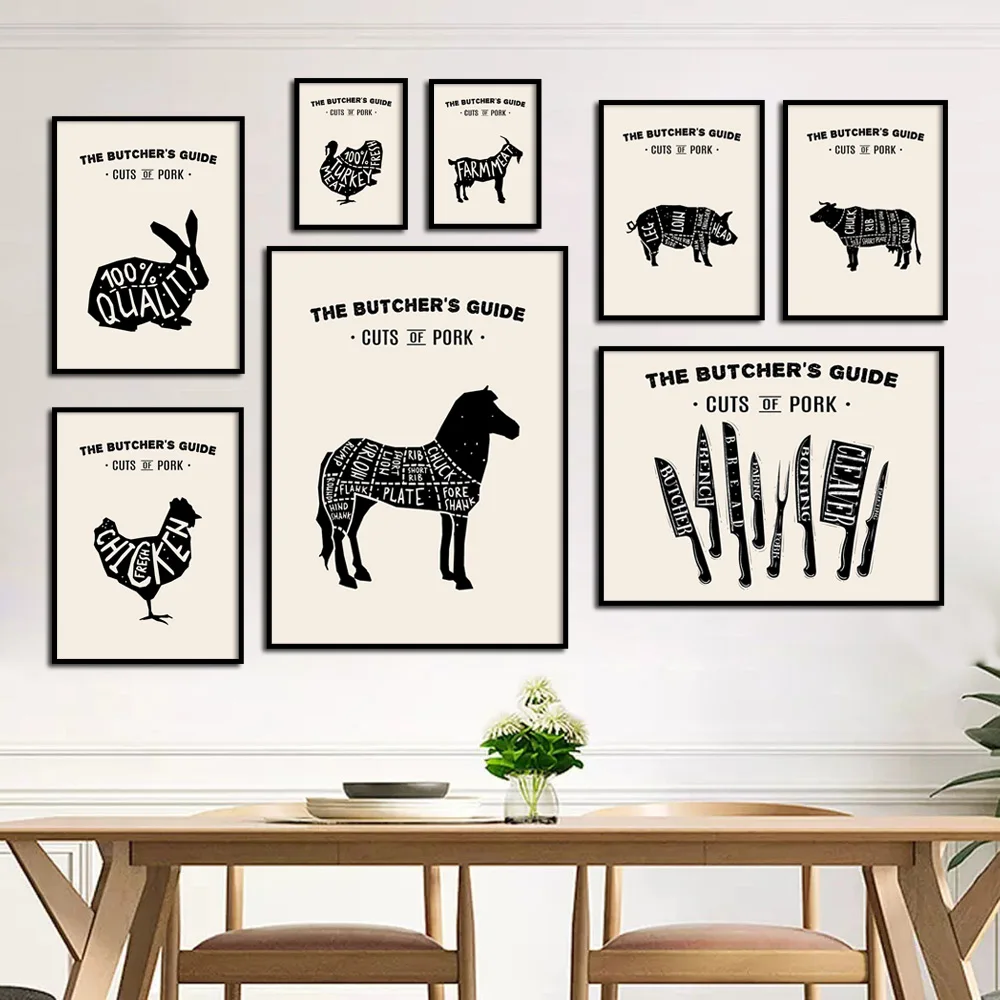 Rabbit Horse Cuts Of Meat Art Butcher Guide Wall Art Canvas Painting