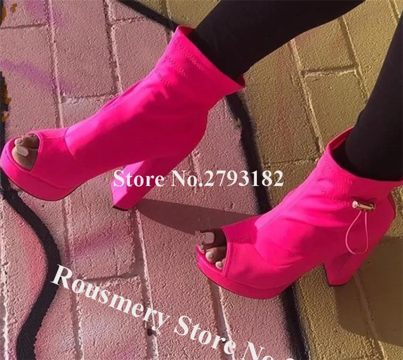 

Newest Western Style Peep Toe High Platform Chunky Heel Short Boots Elastic Thick High Heel Ankle Booties Shining Dress Shoes