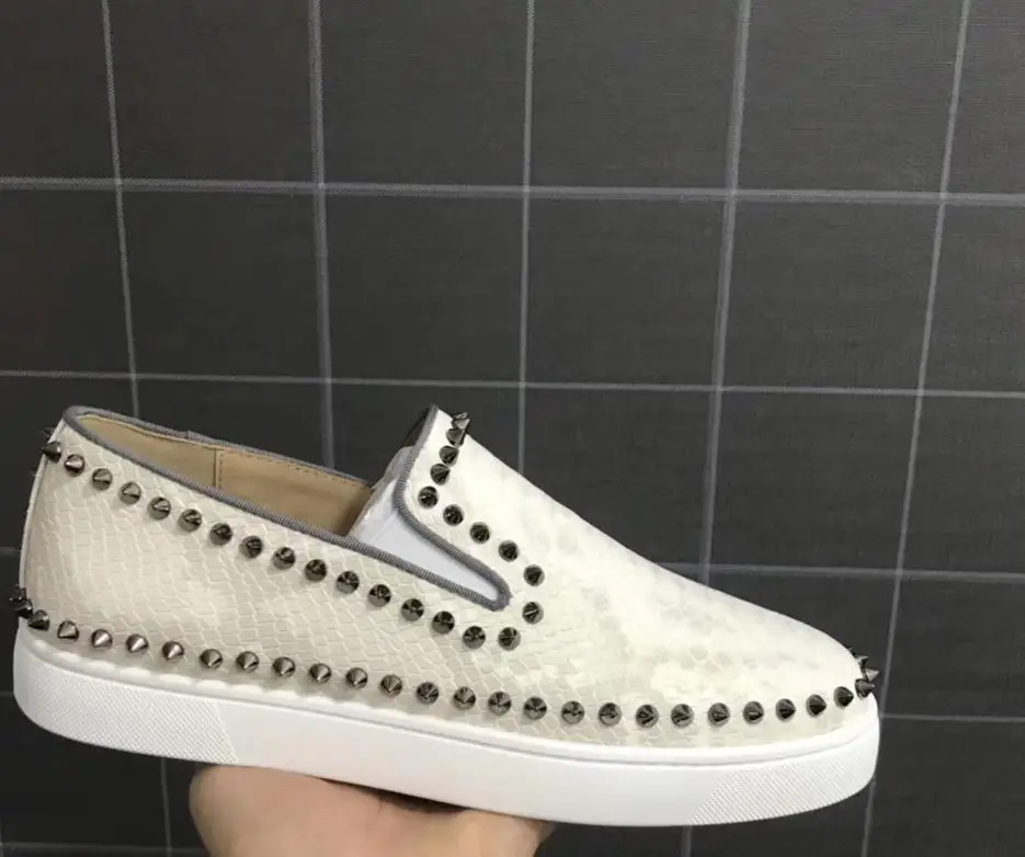 

Topslip On Full White Snake Cow Leather Red Bottom Low Cut Sneaker For Men Sports Shoes Circle Rivet Casual Flat Loafers