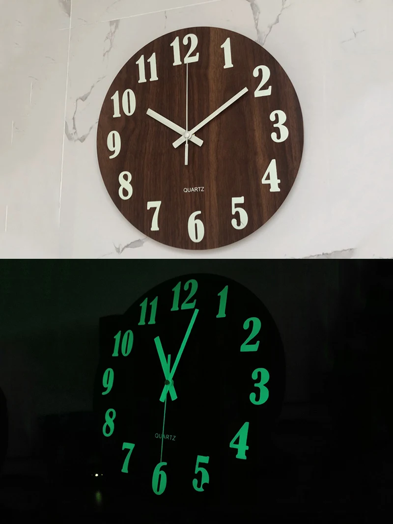 12 Inch Luminous Wall Clock Silent for Kitchen Living Room Decoration Glow in Night Wooden Number Wall Clock Art Home Decor