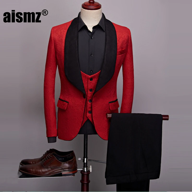 Aismz мужской модный большой платок с лацканами комплект из 3 предметов Terno Masculino свадебные костюмы для жениха качественный жаккардовый Банкетный смокинг костюм homme - Цвет: Бургундия