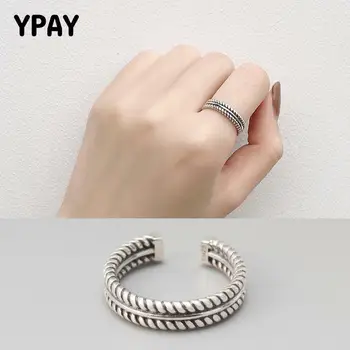 

YPAY Real 100% 925 Sterling Silver Rings for Women Vintage Double Twisted Ropes Retro Do the Old Fine Jewelry Hot Sale YMR116