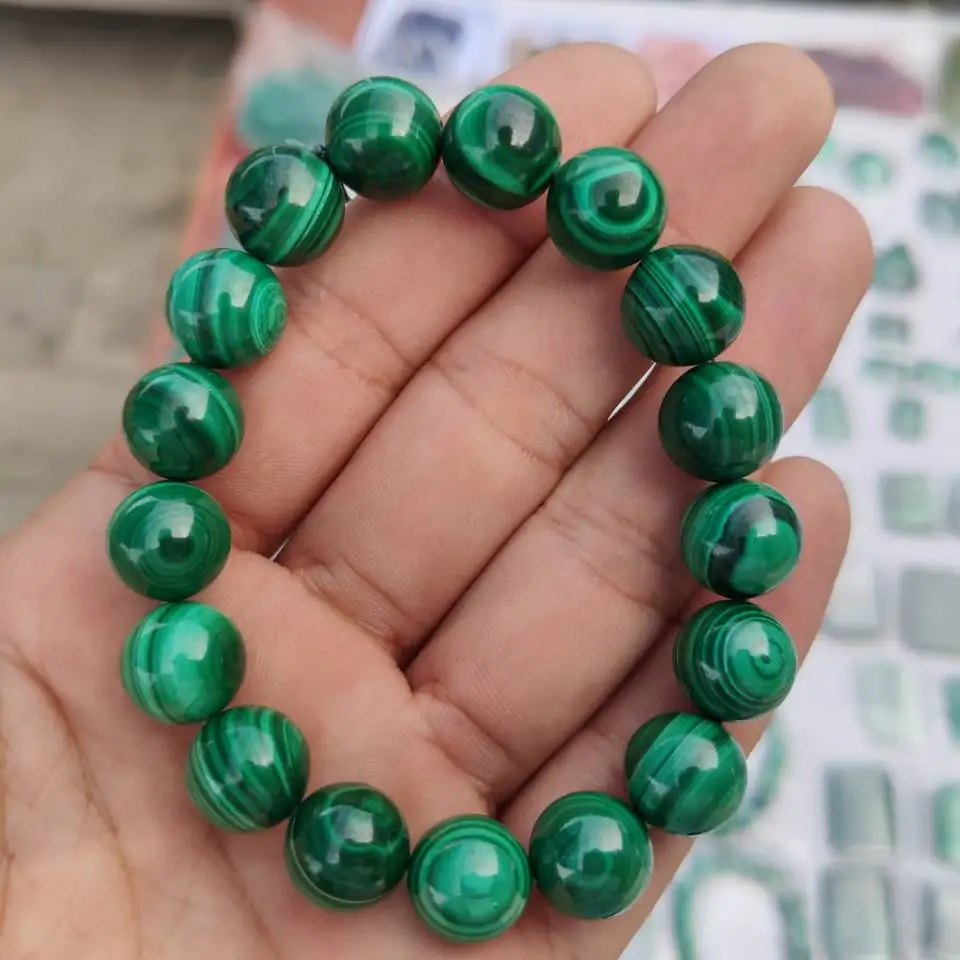 Natural Green Malachite Gemstone Women 12mm Rare Round Beads Bracelet AAAA