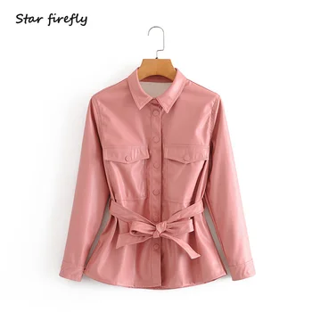 

Star firefly fashion Za jacket female 2020 summer casual slim lapel single-breasted solid with belt pocket faux leather jacket