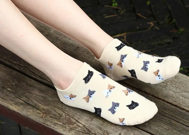 Милые хлопковые женские носки-тапочки с котом; Веселые носки; сезон весна-осень; носки-башмачки с закрытым носком