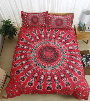 

3D Bohemian style bedding sets red background red compass and blue flowers printing bedding sets