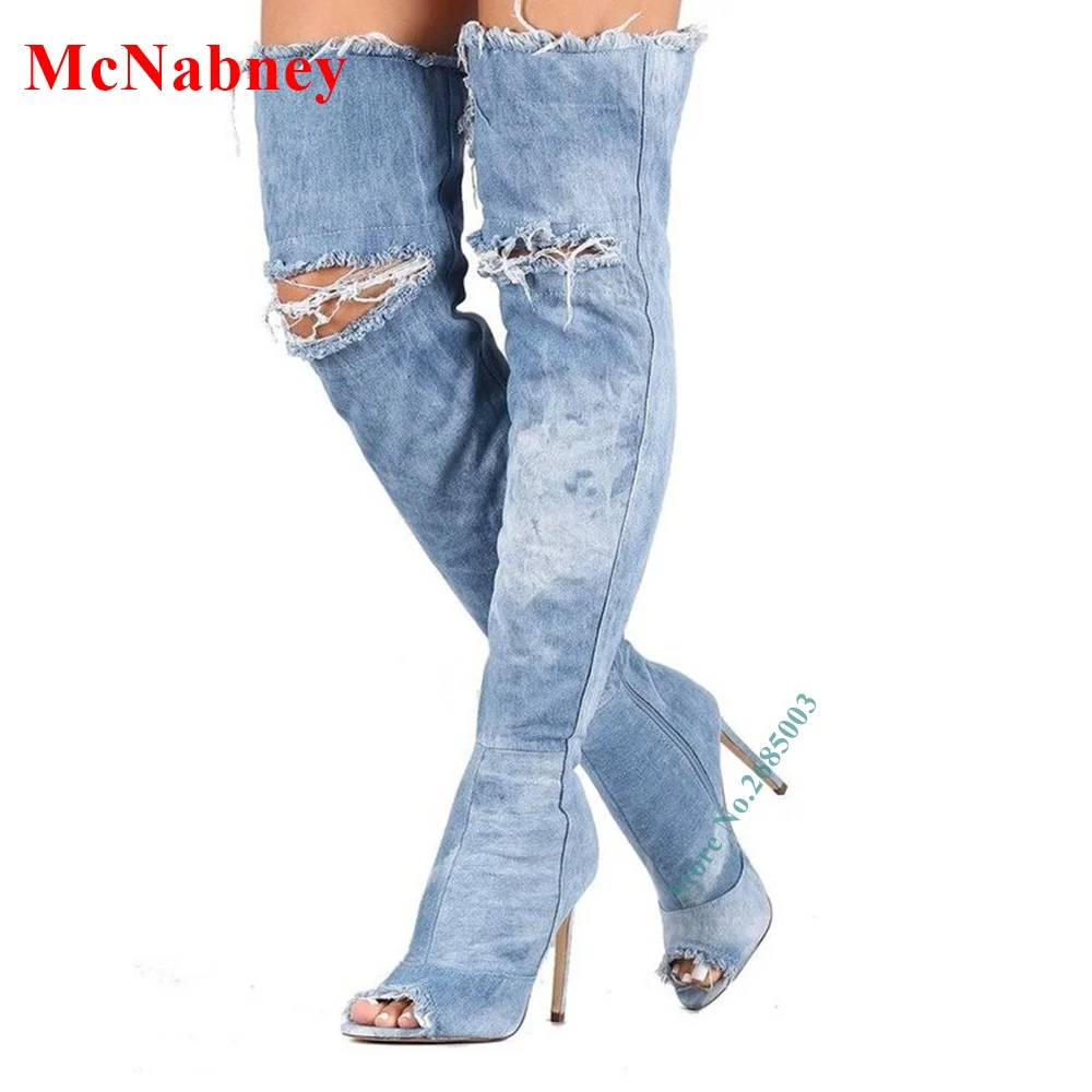 

Denim Cut Outs Peep Toe Boots Thin High Heel Over The Knee Side Zipper Solid Sexy Lady Spring Autume Party Dress Boots Shoes