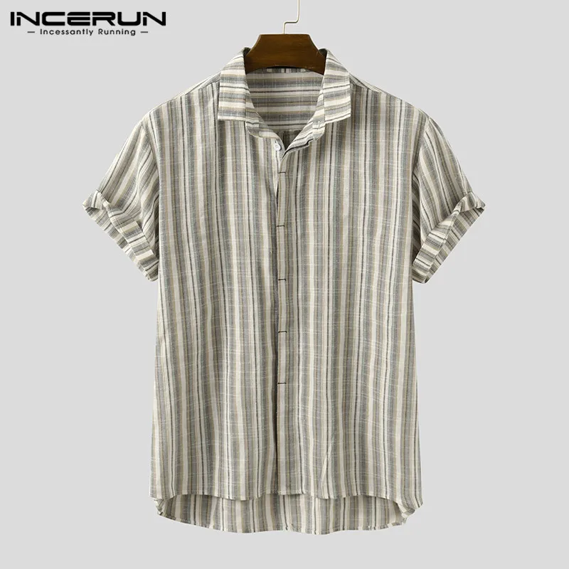 Vintage Striped Men Shirt Lapel 2020 Breathable Chic Streetwear Short Sleeve Casual Blouse Harajuku Camisa Masculina INCERUN 5XL Vintage Striped Men Shirt Lapel 2020 Breathable Chic Streetwear Short Sleeve Casual Blouse Harajuku Camisa Masculina INCERUN 5XL