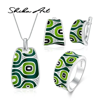 

SHIKA ART Green Special Geometric pattern Enamel White Zircon Ring Earrings 925 Sterling Silver Women Fashion Jewelry Sets