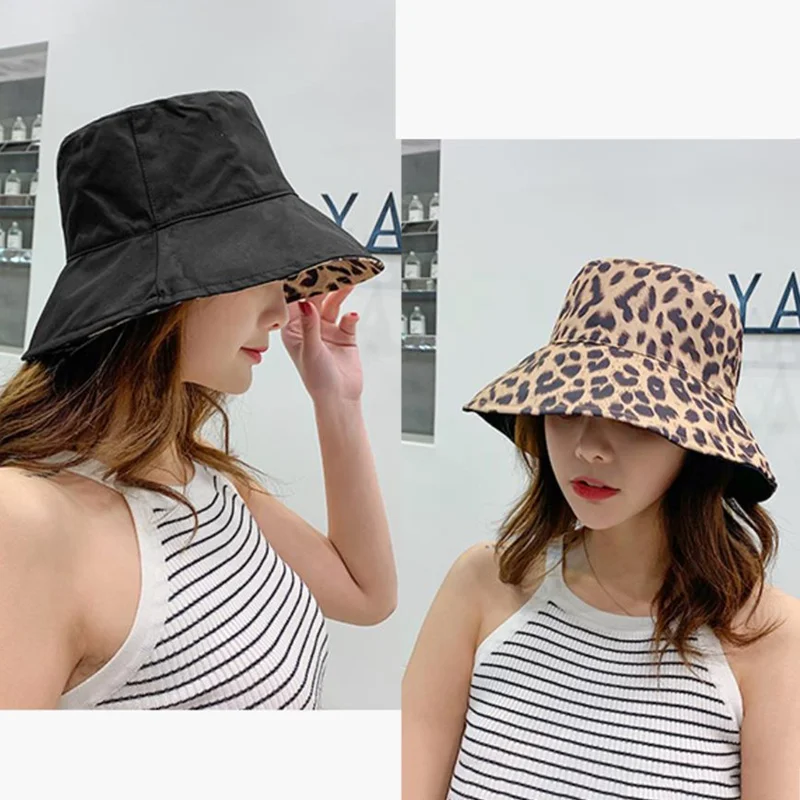 Women Bucket Hat Leopard Print Comfortable Breathe Foldable Beach Flat Top Sun Fishing Hat Flat Panama Hat Street