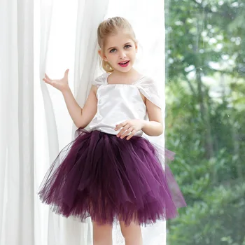 

Fluffy Plum Tulle Girls Dress for Children White Satin Bodice Top Knee Length Lace Evening Dresses Girls Christmas Party Dresses