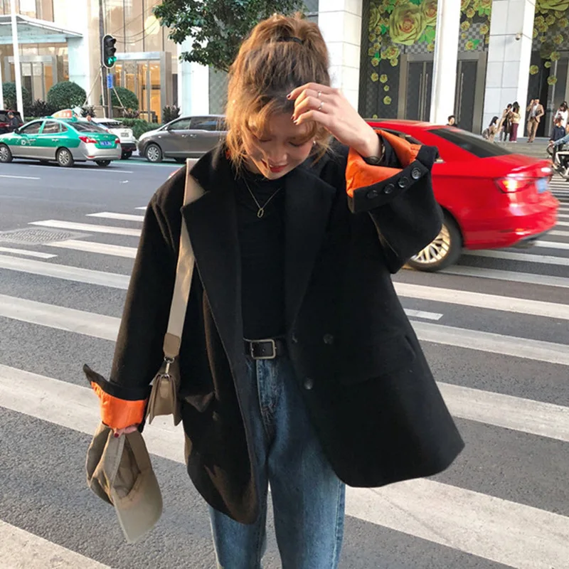 Chic2019 популярное шерстяное пальто женская осенняя и зимняя одежда стиль средней длины свободный крой отложной воротник контрастный цвет