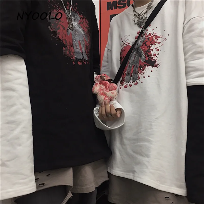 NYOOLO Новинка уличная одежда принт с кровавым медведем поддельные две части Лоскутная свободная футболка Топы Повседневная футболка с длинными рукавами для женщин и мужчин