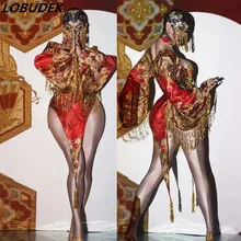 Китайский стиль, винтажная красная бахрома с блестками, платье с разрезом, танцевальный костюм, сексуальный, для бара, клуба, для женщин, певица, для сцены, одежда для вечеринок