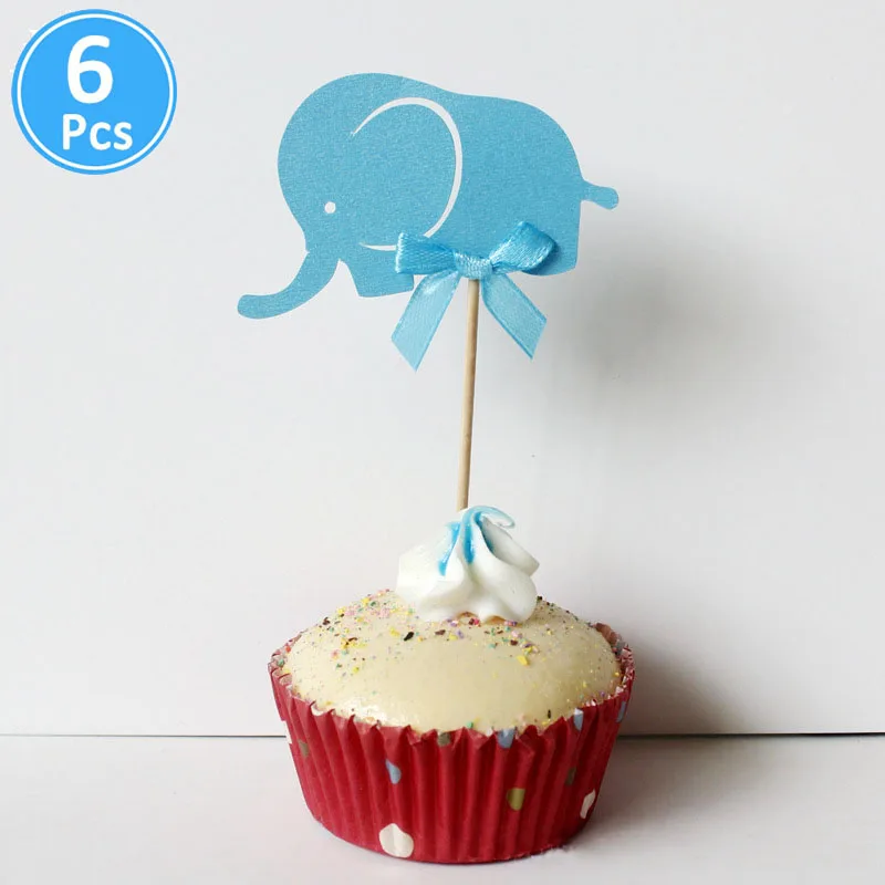 Детский душ торт кекс топперы BabyShower сувениры украшения, товары для вечеринки Его мальчик девочка синий игра слон Oh Baby - Цвет: 6pcs blue elephant