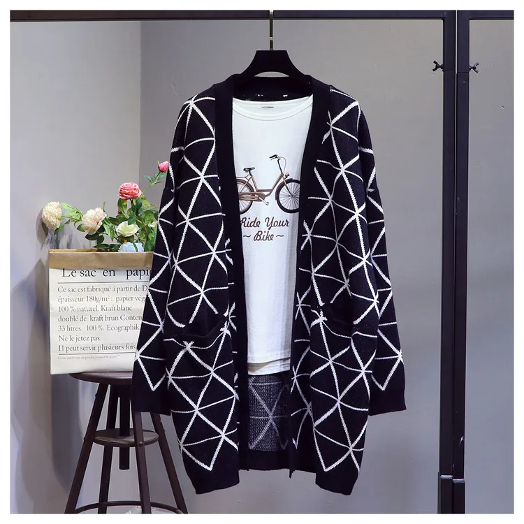 CHRLEISURE геометрический трикотажный длинный кардиган тренд сшивание женские свитера теплый большой вариант кардиганы