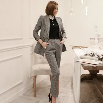 

2020 Runway Women Suit 2 Pieces Set Autumn Elegant Fashion Double-breasted OL Notched Bussines Office Lady Blazer Pants Suits