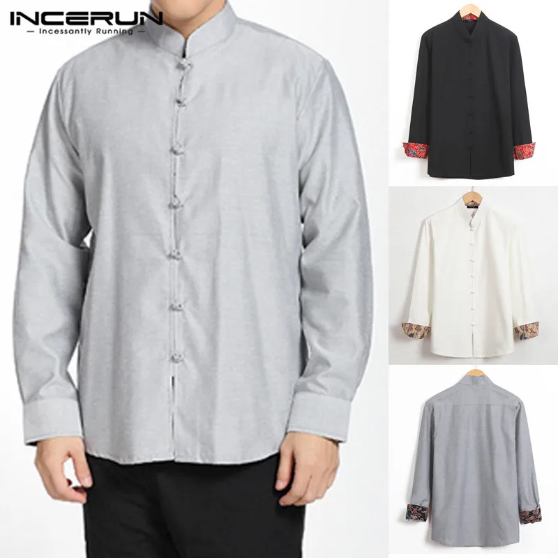 INCERUN Китайская традиционная рубашка для мужчин костюм Тан Стенд воротник с длинными рукавами Топы на пуговицах Твердые винтажные мужские рубашки в стиле кэжуал Camisa