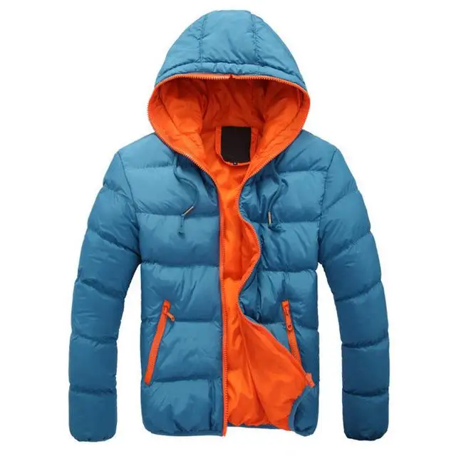 Sky blue with orange Новинка, брендовая зимняя куртка для мужчин, пальто с капюшоном, повседневное мужское плотное пальто, мужская приталенная Повседневная хлопковая стеганая верхняя одежда - Цвет: Sky blue with orange