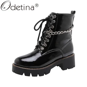 

Odetina Patent Leather Women Platform Chunky Heel Comfort Martin Boots Metal Chain Casual Lace Up Combat Ankle Boots Big Size 43