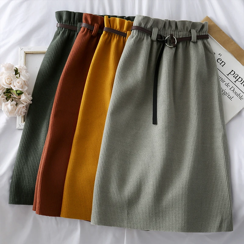 Mooirue, женские вязаные юбки с высокой талией, с поясом, осень, винтажные трапециевидные уличные юбки в стиле Харадзюку, базовые юбки в Корейском стиле