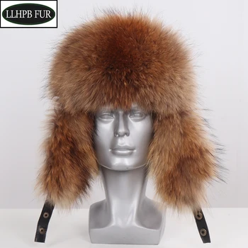 

New Men Outdoor Windproof Winter Natural Real Fox Fur Bombers Hats Quality Raccoon Fur Cap Man Luxury Real Sheepskin Leather Hat