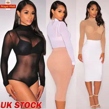 

2019 Transparent Sexy Mesh Bodysuit 5 colors Long Sleeve Jumpsuit Women's One Piece Sheer Leotard