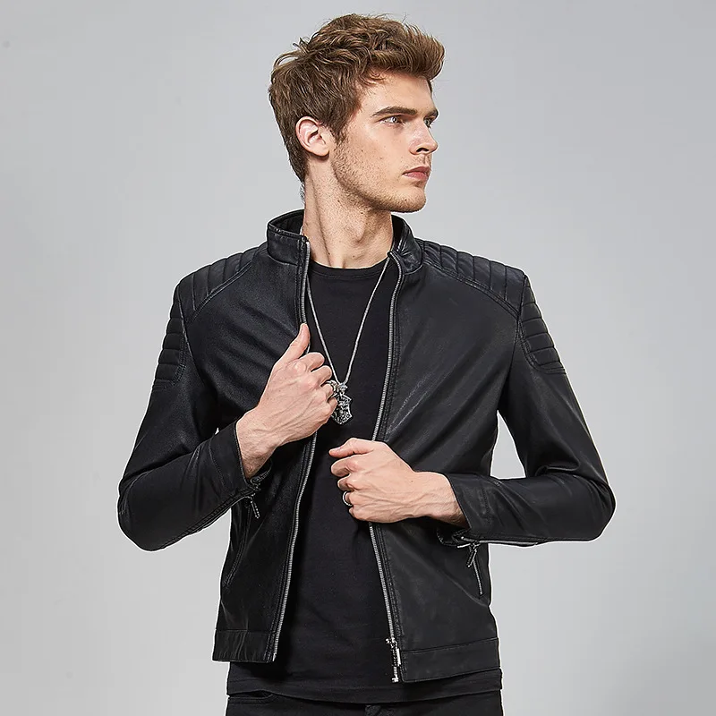 Autumn PU Leather Men's Casual Long Sleeve Stand Collar Zipper Jacket Men Youth Slim Fit Coat Men'S Wear