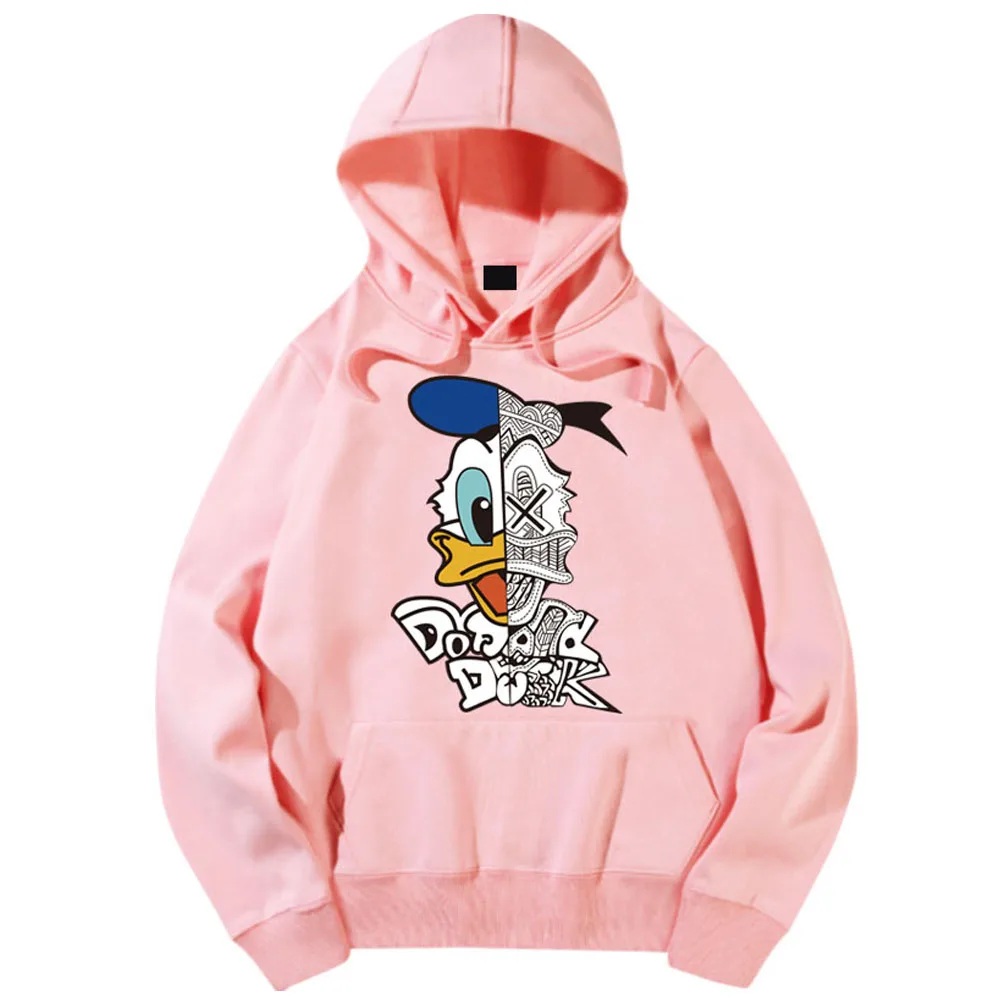 Pink Disney/стильная футболка с рисунком Дональда Дака и буквенным принтом; пуловер с капюшоном; унисекс; топы с длинными рукавами и карманами; 6 цветов - Цвет: Pink