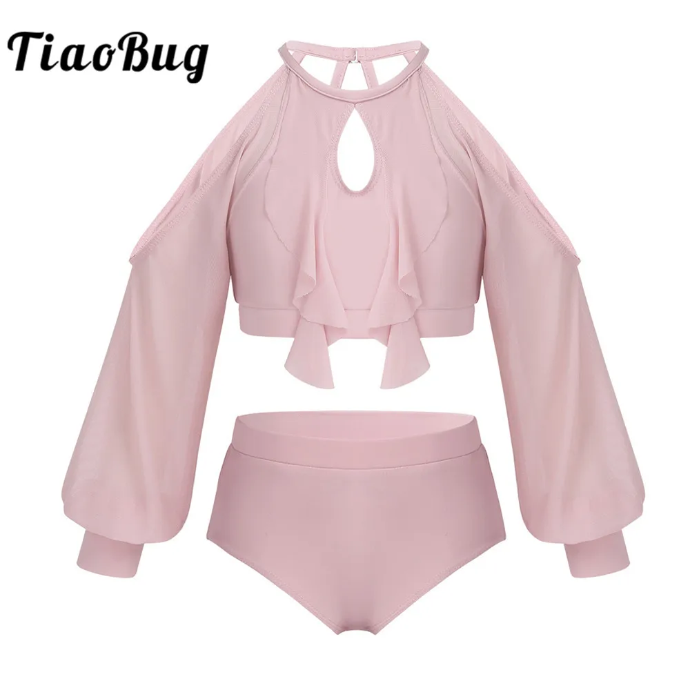 TiaoBug Kids Two-Piece Dancewear Long Sleeve Crop Top with Briefs Set Girls Ballet Gymnastics Outfit Stage Performance Costume |