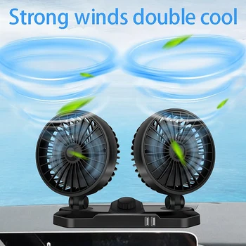 

NEW-12V 360 Two Head 2-Speed Car Dashboard Cooling Fan with Dual USB Charger for Summer Car