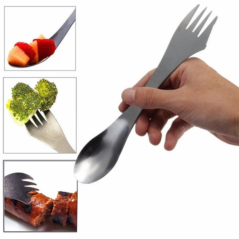 

1 Pc Camping Trip Picnic Fork 3 in 1 Titanium Fork Spoon Ultra-Light High Hardness Stainless Steel Spork Cutlery Utensil Combo