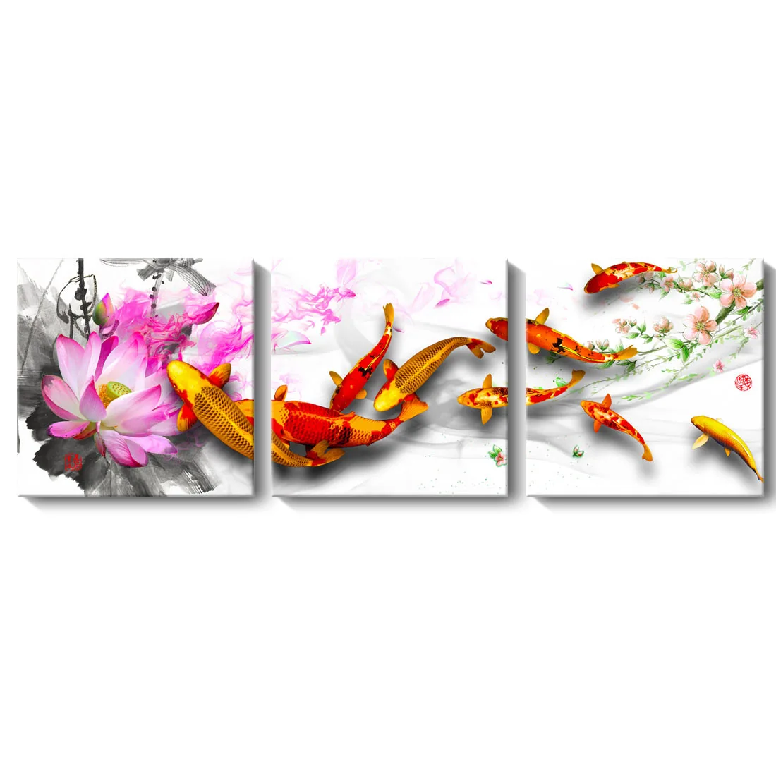 

Triple Decorative Painting Koi Nine Fish Figure Hotel Clubs Store Home Improvement Living Room Frameless Hanging Painting
