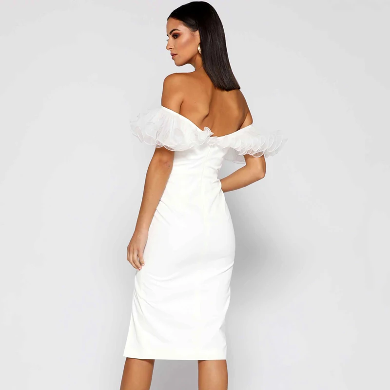 Gosexy осеннее Новое модное белое платье-футляр Vestidos женское сексуальное кружевное платье миди с оборками и открытыми плечами