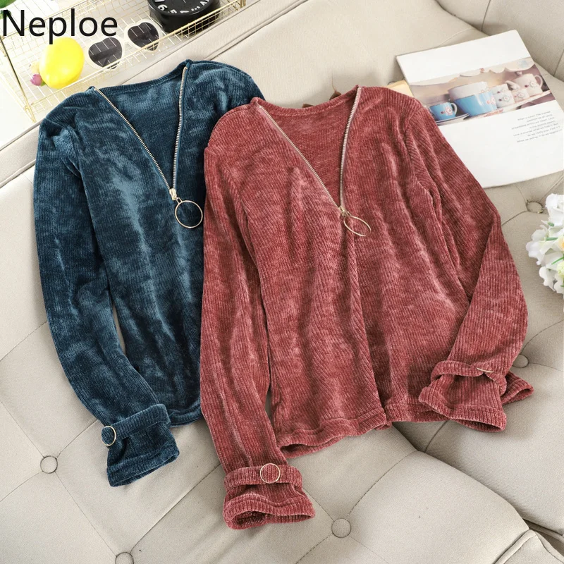 Neploe, v-образный вырез, на молнии, дизайнерская, кордуория, футболка, осень, весна, новинка, одноцветная, свободная, длинный рукав, тройники, верхняя одежда, Женский Топ 48329