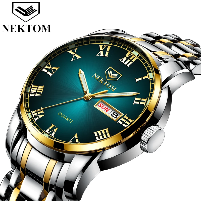 NEKTOM мужские роскошные брендовые деловые часы с двойным календарем