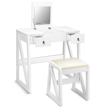 

Vanity Dressing Table Set Flip Makeup Mirror Stool with 2 Drawers 9 Storage Compartments Flip Mirror Bedroom Furniture HW59397