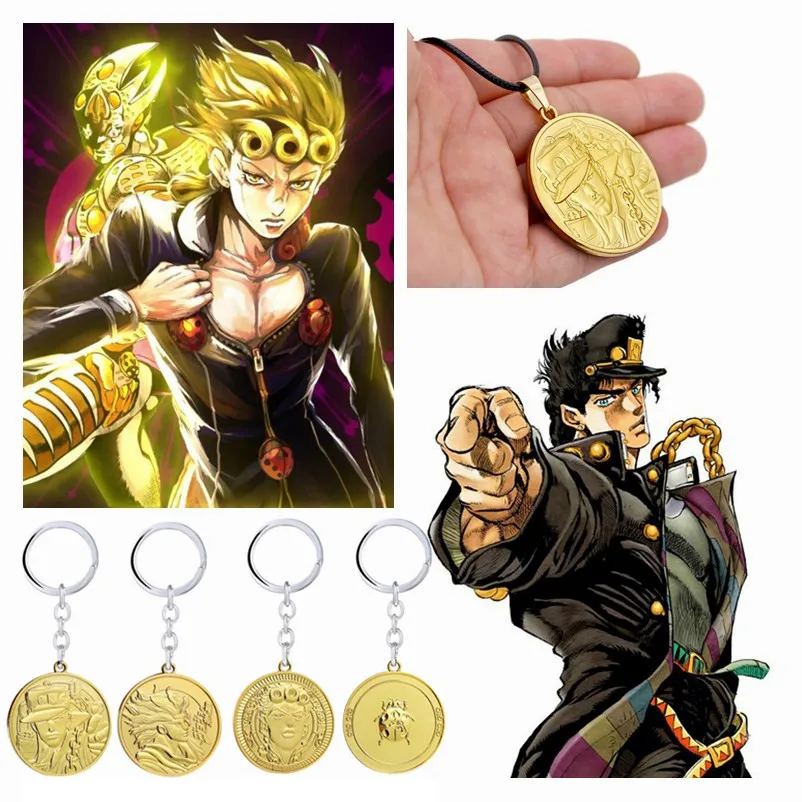 

Anime JoJo's Bizarre Adventure Giorno Giovanna Cosplay Props Kujo Jotaro Pendant Necklace Metal Keychain Key Ring Toy Gifts New