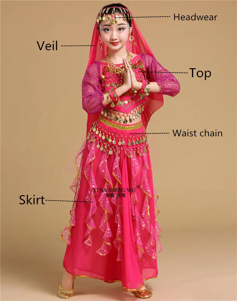Rose 5pcs Детские костюмы для танца живота для девочек, Детский костюм для танца живота, Индийский Болливуд, комплект для восточных танцев, юбка для сцены ручной работы - Цвет: Rose 5pcs