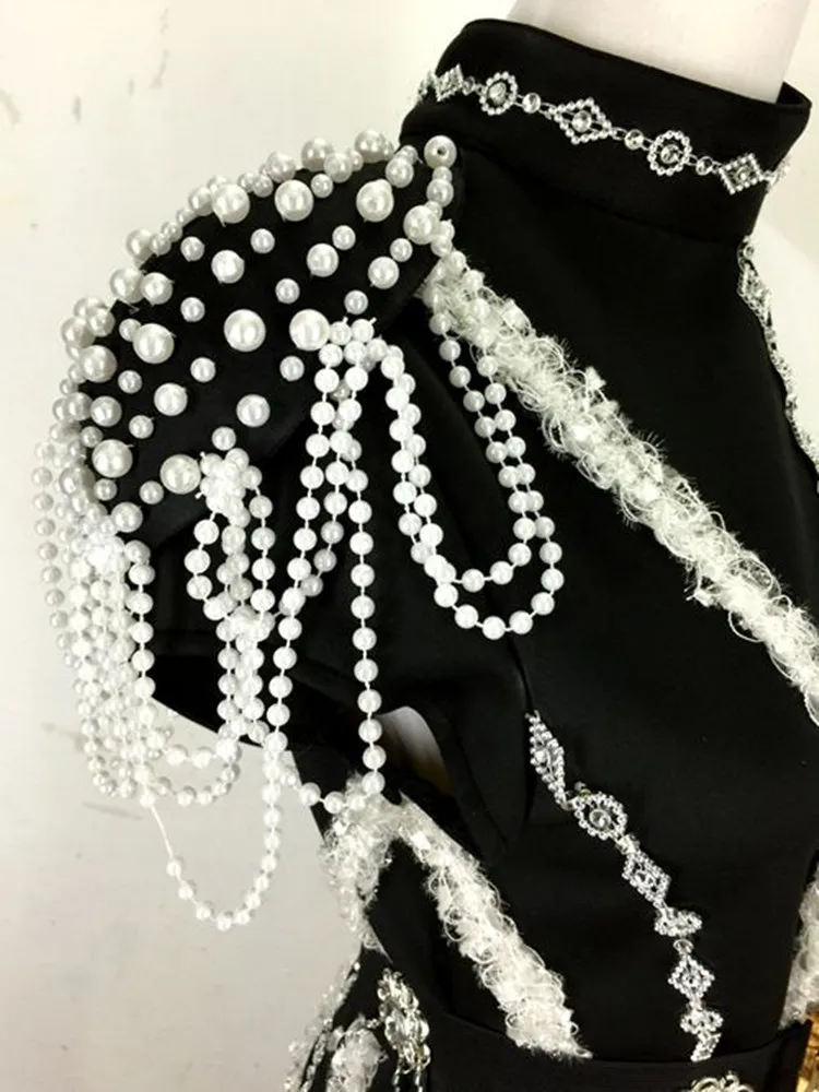 Sexy Black Red Epaulet Beading One-sided Dress Stage Wear Women Costume Singer DJ Jazz Dance Nightclub Performance Clothes