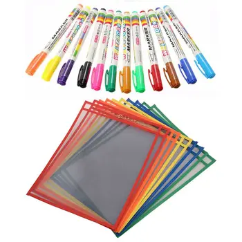 

12Pcs 12 Colors White Board Marker Pen White Board & 10Pcs Dry Erase Pockets, Oversize 9 x 12 Inch Pockets