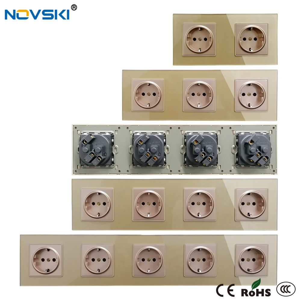 Crystal Glass Panel Electrical Socket Triple German Plug Grounded, 16A EU Standard Quadruple Power Socket, 15 Years Warranty