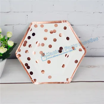 

40pcs Gold Hexagonal Shaped Party Plates Foil Rose Polke Dot Floral Vintage Paper Plates for School Party Wedding Baby Shower