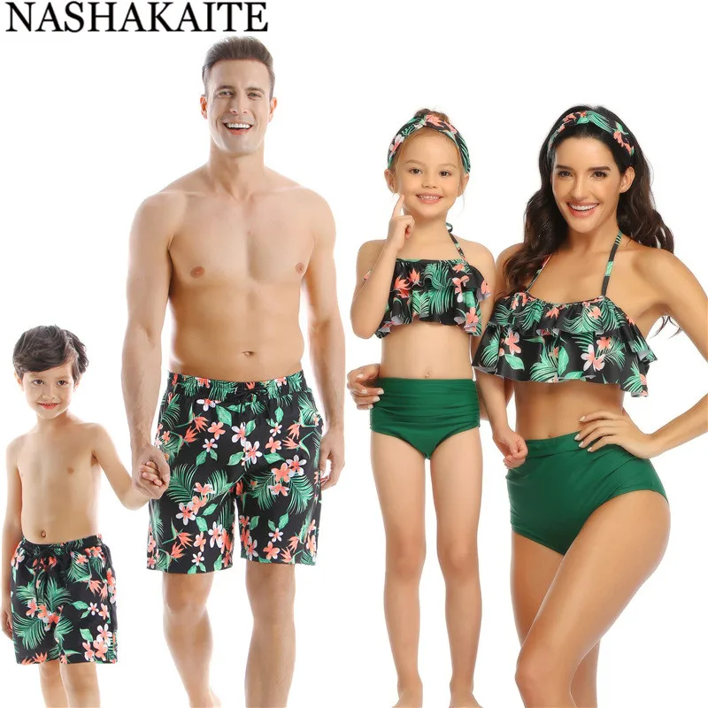 NASHAKAITE/семейный купальный костюм для папы и сына; плавки с принтом в виде листьев; пляжные шорты на завязках; одинаковый купальник для папы и сына