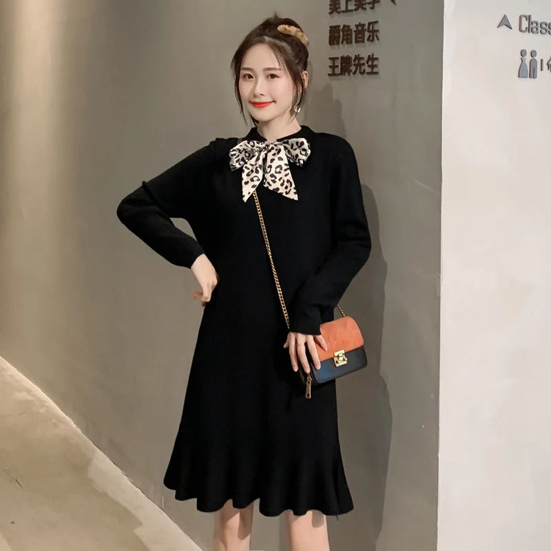 

Leopard Printed Bow Collar Maternity Long Loose Sweater Pregnant Women Knitted Dress Preppy Style Preppy Style Office Lady Dress