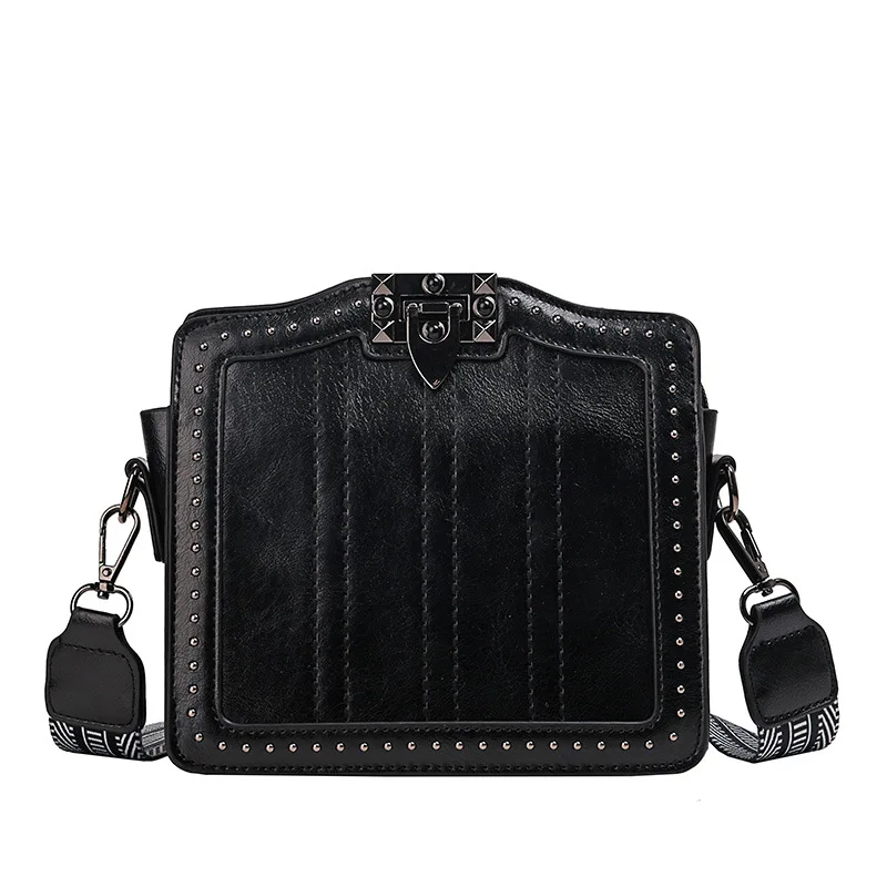 Женский фирменный дизайн, сумка-мессенджер с одним замком сзади, модная маленькая квадратная сумка с широкополосными заклепками - Цвет: Черный